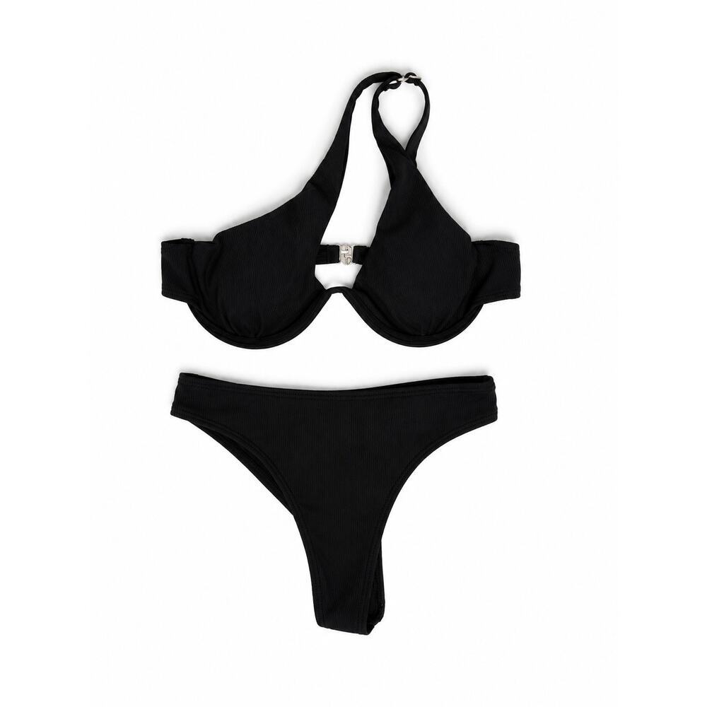 Black Ribbed Two-Piece Bikini Set Asymmetrical One-Shoulder Swimwear Size XS - Picture 1 of 2